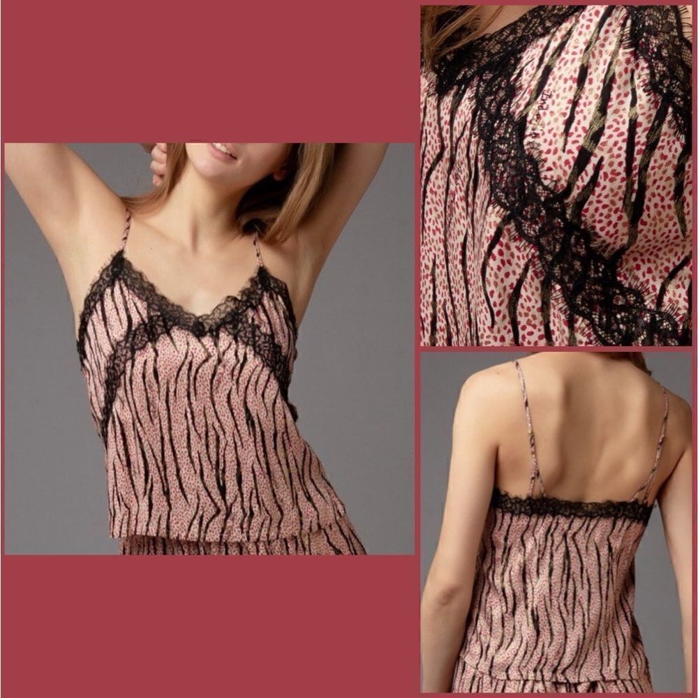 Victoria's Secret Animal Print Gold Shimmer Lace Trim Satin Tank Top